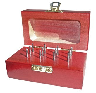 310-110003: 11 Piece Cabride Burr Set; 1/16 & 3/32 & 1/8 Diameters, Single Cut, BRIGHT, USA